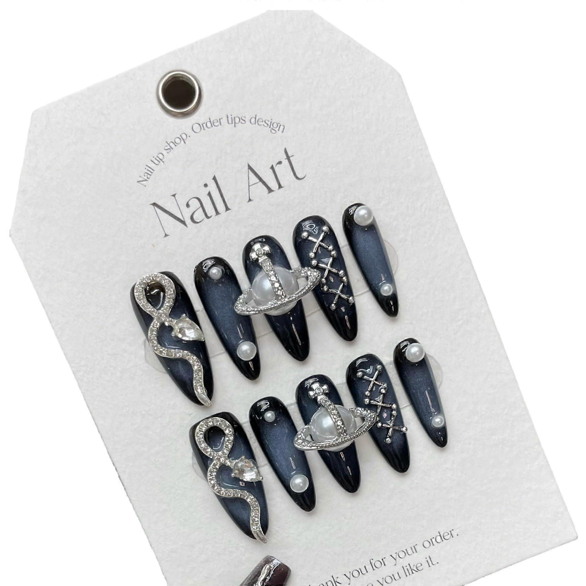Long Coffin Press On Nails Black with Snake Pearl Ornaments, Full Coverage False Nails Set