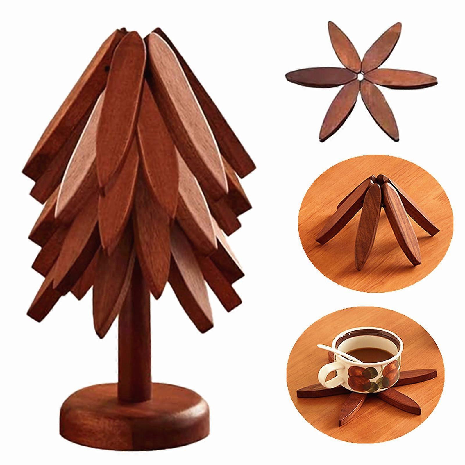 Wooden Tree Shape Trivets Set HeatResistant Solid Wood Table Mats with SpaceSaving Stand