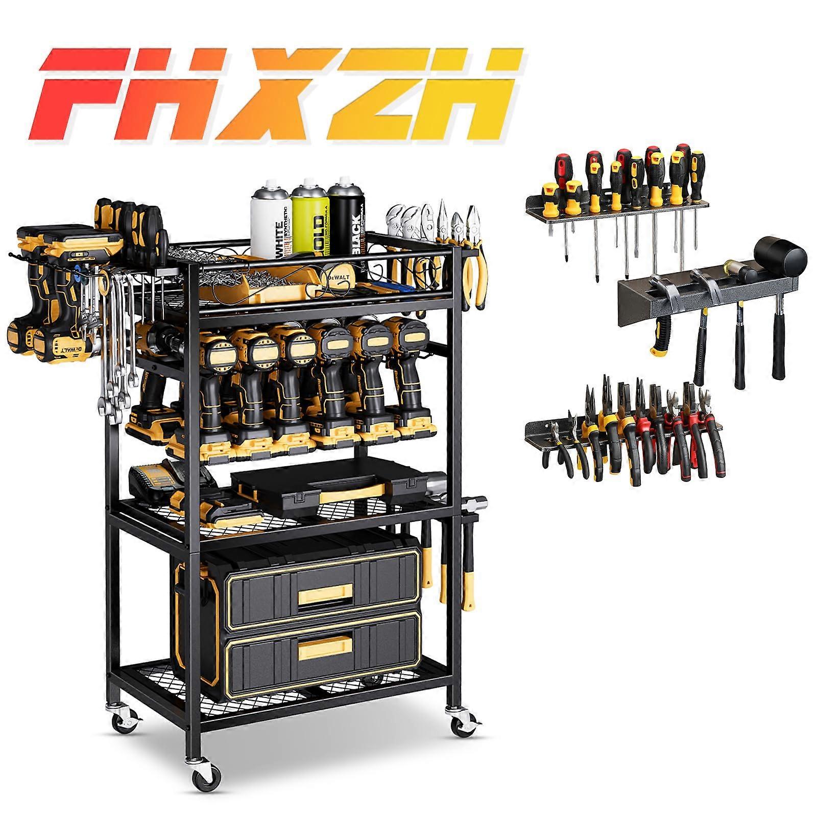 Rolling Tool Storage Organizer Cart with Drill Holder, 300lb Capacity, Garage Workshop Rack