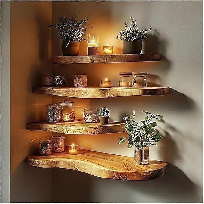 Live Edge Corner Wall Shelf, Solid Wood, Natural Grain, Floating Mount