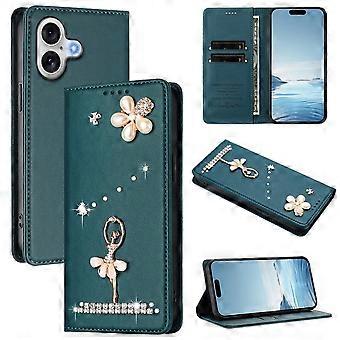 Étui portefeuille à rabat en cuir avec protection RFID et motif ballerine, compatible avec iPhone 16 – Vert foncé, fermeture magnétique et porte-cartes