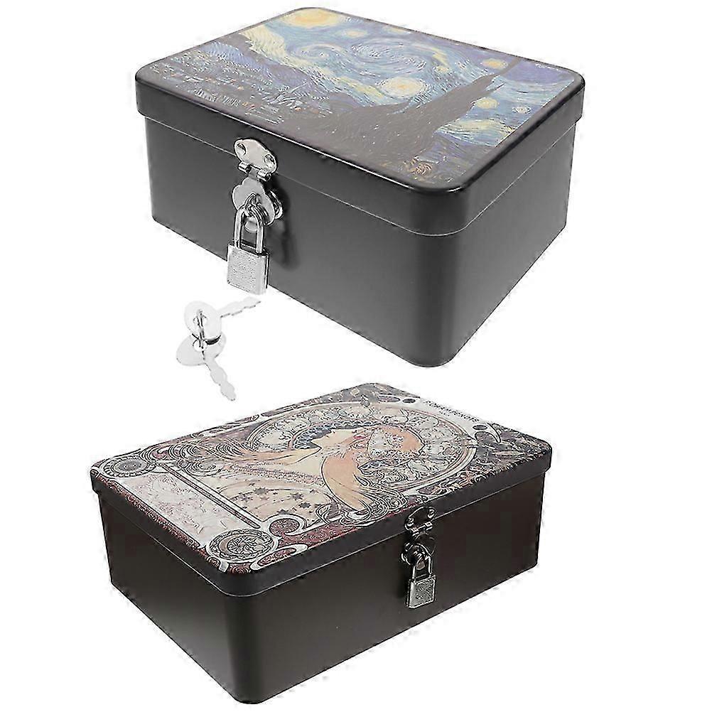 Lockable Retro Tinplate Box for Storage 2Pcs Multi-Functional Jewelry Container