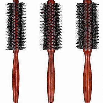 Set of 3 Wooden Handle Round Brushes for Hair Styling, Boar Bristle Rollers for Women & Girls (10/12/14 Rows) VI