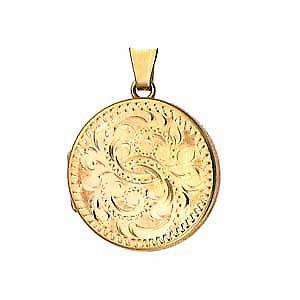9ct Gold 23mm hand engraved flat round Locket