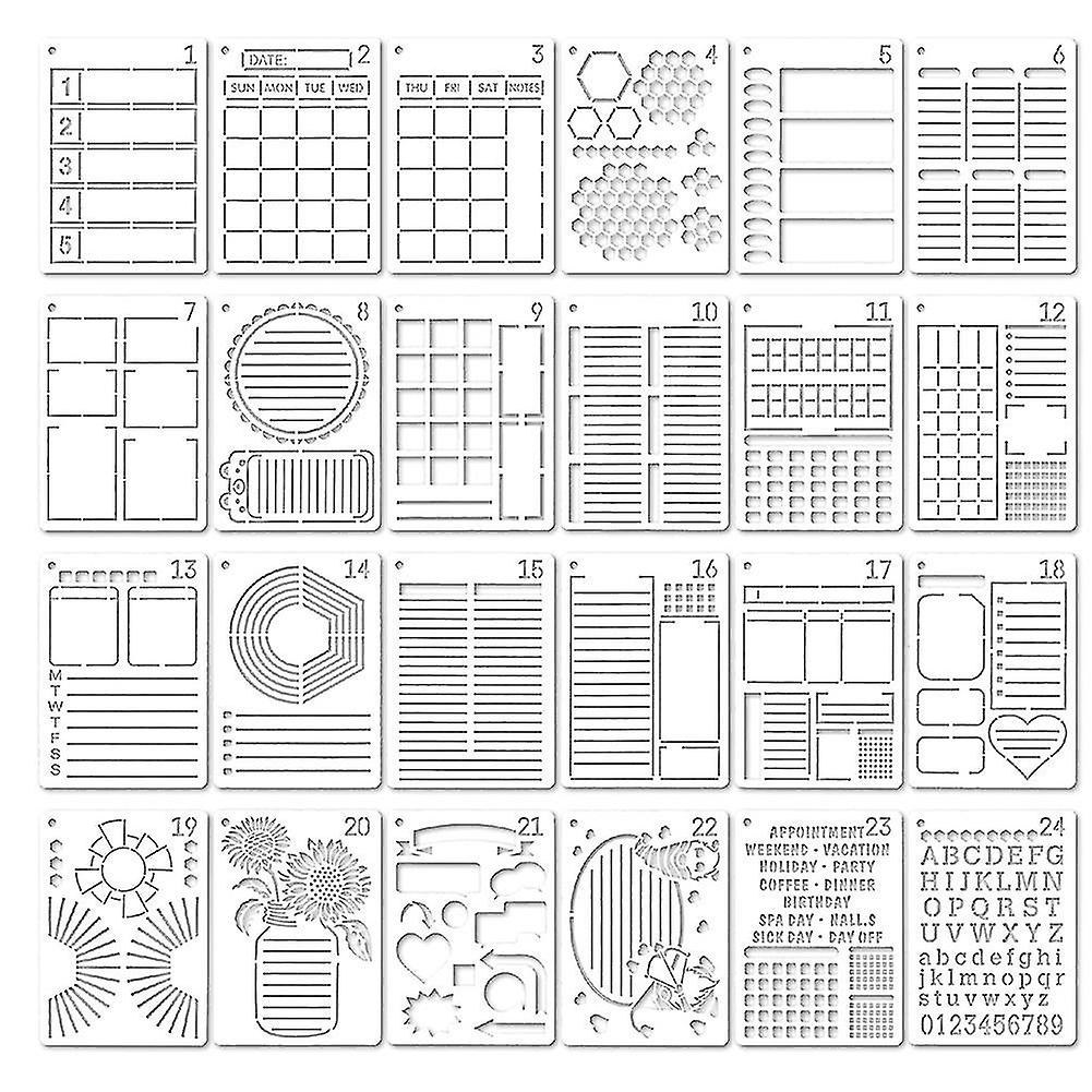 24pcs Journal Stencil Planner Set, Ultimate Productivity Stencils for A5 Dotted Journals, Time Savi
