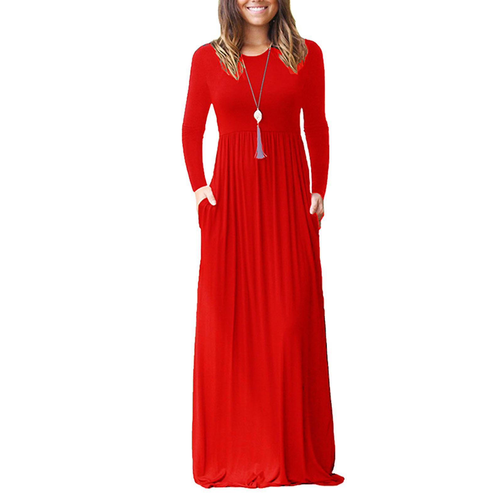 Abito da donna a maniche lunghe Solid Round Neck Stretch Long Gonna