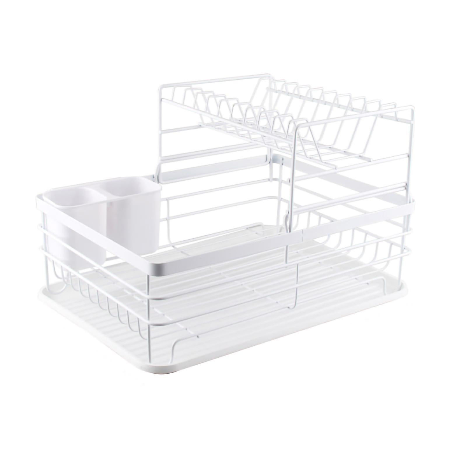 White Two-Tier Kitchen Drain Rack for Plates and Bowls