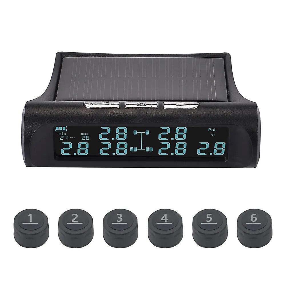 Wireless Car Tire Pressure Monitor 6 External Sensor Tpms Tyre Pressure Monitoring System Usb Solar Charging Temperature Alert
