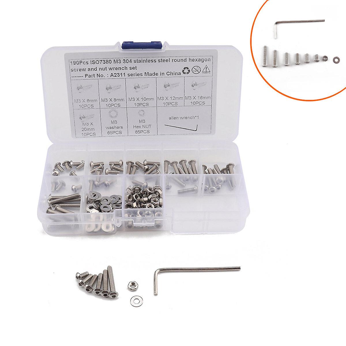 190Pcs M5 M6 Stainless Steel Round Head Hexagon Thrust Screw Round Nut Flat Washer Matching Wrench