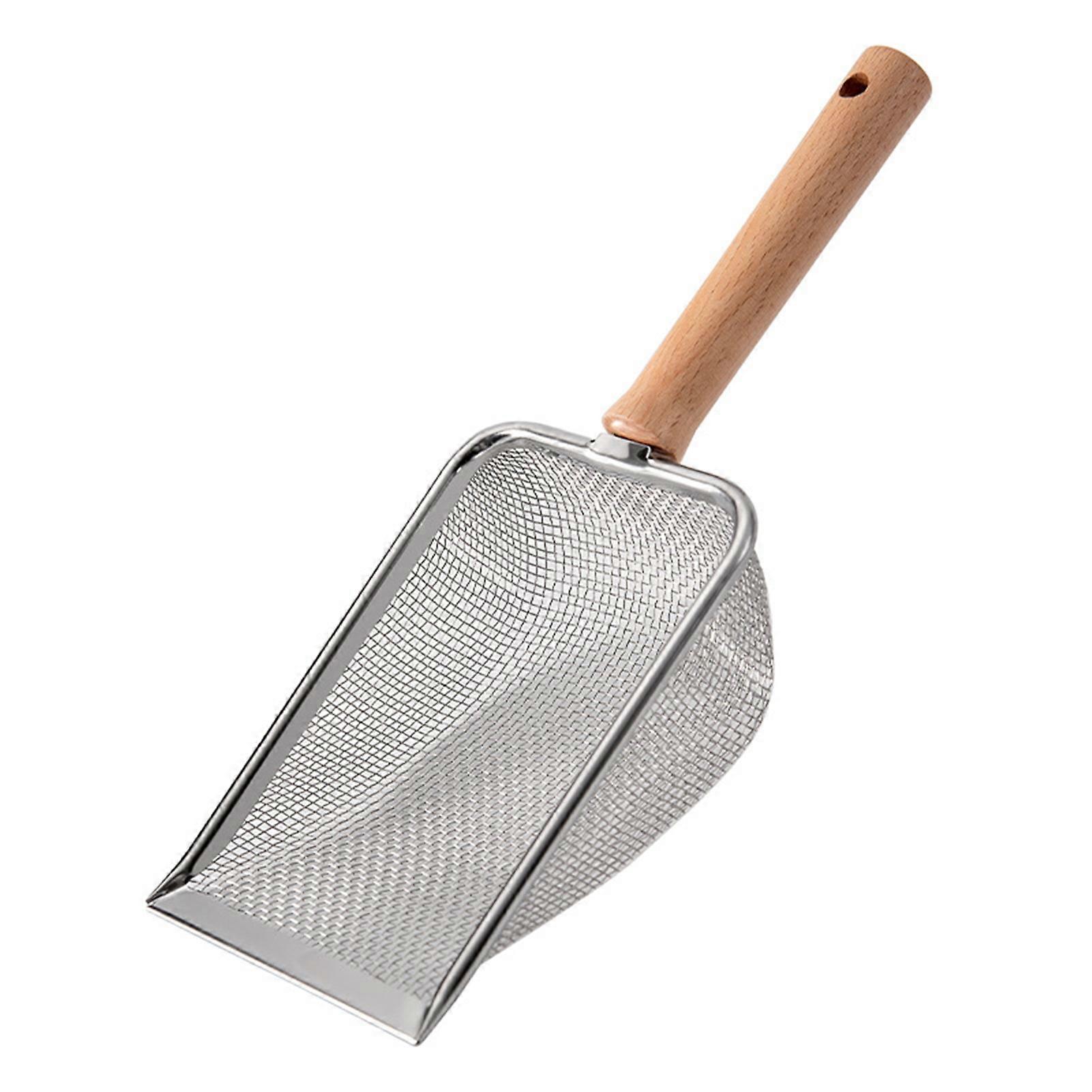 Cat Litter Scooper with Ergonomic Wooden Handle Reusable Hollow Mesh Design Multifunctional Pet Poops Shovel Cleaning Tool