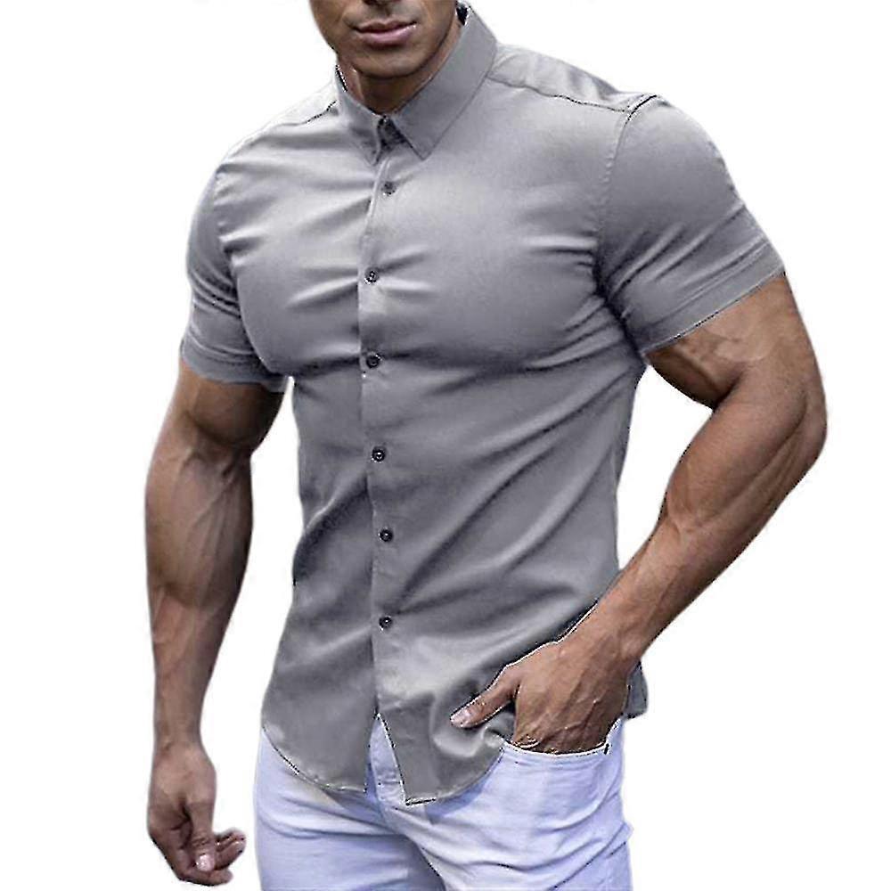 Erkek Düz Kas Fit Elbise Gömlek Kısa Kollu Rahat Atletik Düğmeli Gömlekler