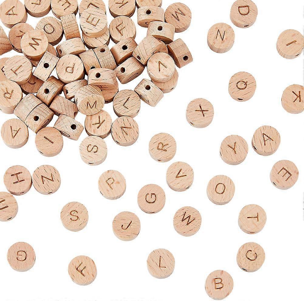 78Pcs 26 Styles Undyed Wood Beads 5x8mm Horizontal Hole Random Alphabet Beads Flat Round with Laser Engraved Letter A-Z Cube Wood Beads with Initial 2