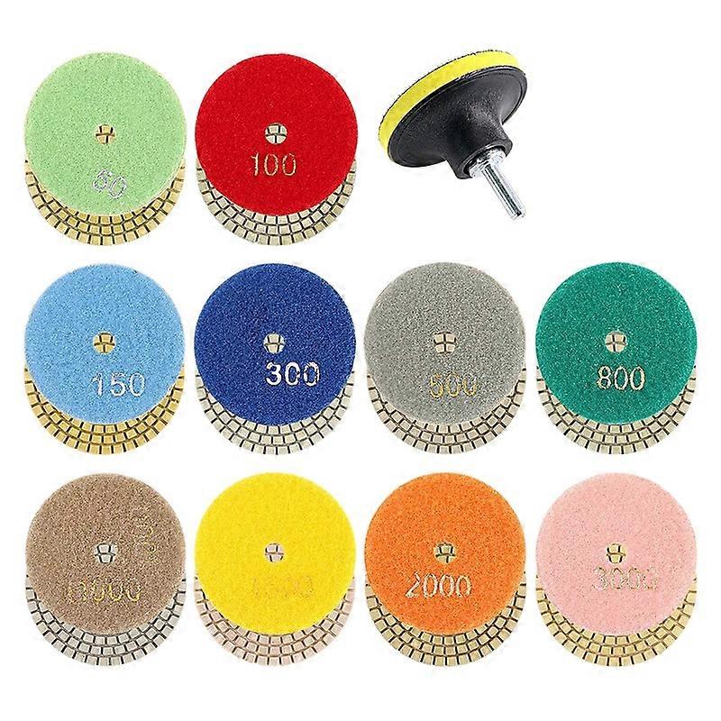11Pcs 3inch Wet Diamond Polishing Pads Set 50 to 3000 Grit Hook and Loop Backing Sanding for Granit