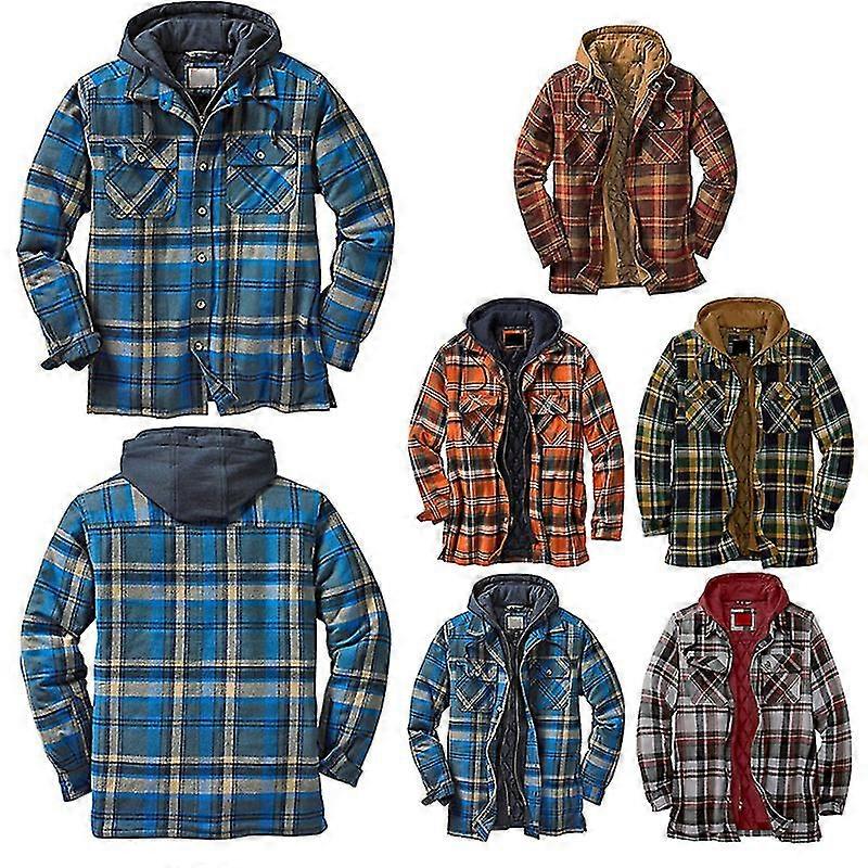 EVAGO Quilted Thick Plaid Long-sleeved Loose Jacket Men's Hoodie Quilted Lined Flannel Hooded Full-zip
