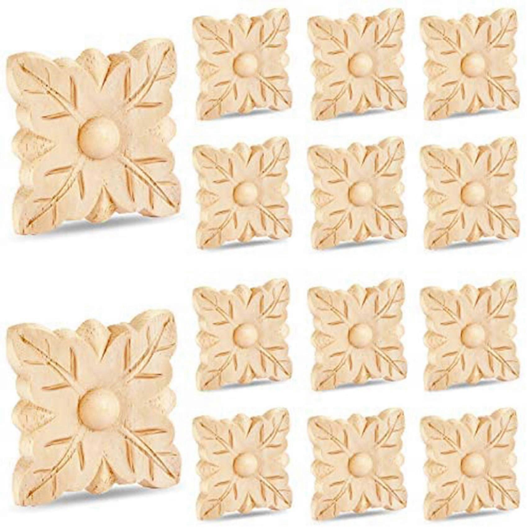 12 PCS Wood Applique DIY Square Carving Checkered Unpainted Leaf Pattern Decal for Cabinet Door Fur