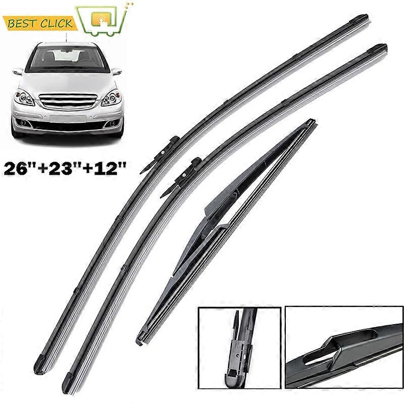 Front and Rear Wiper Broom Set for Mercedes-Benz Class A and B, W169, W245, 2011, 2010, 2009, 2008, 2007, 2006, 26, 23, 12 inches