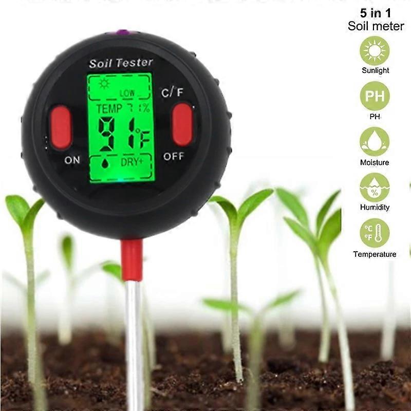 5-in-1 Soil Water Moisture Meter Garden Plants Flowers Moist Tester Plants Hydroponics Analyzer Measurement Black