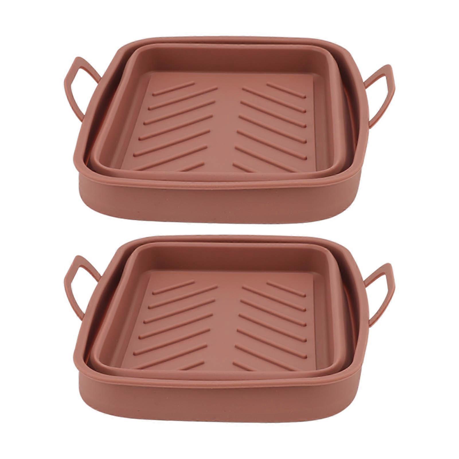 2 قطعة وعاء طباخ هواء سيليكون مع مقبض مستطيل المقلاة بطانة صينية استبدال لإكسسوارات الطبخ المطبخ بني