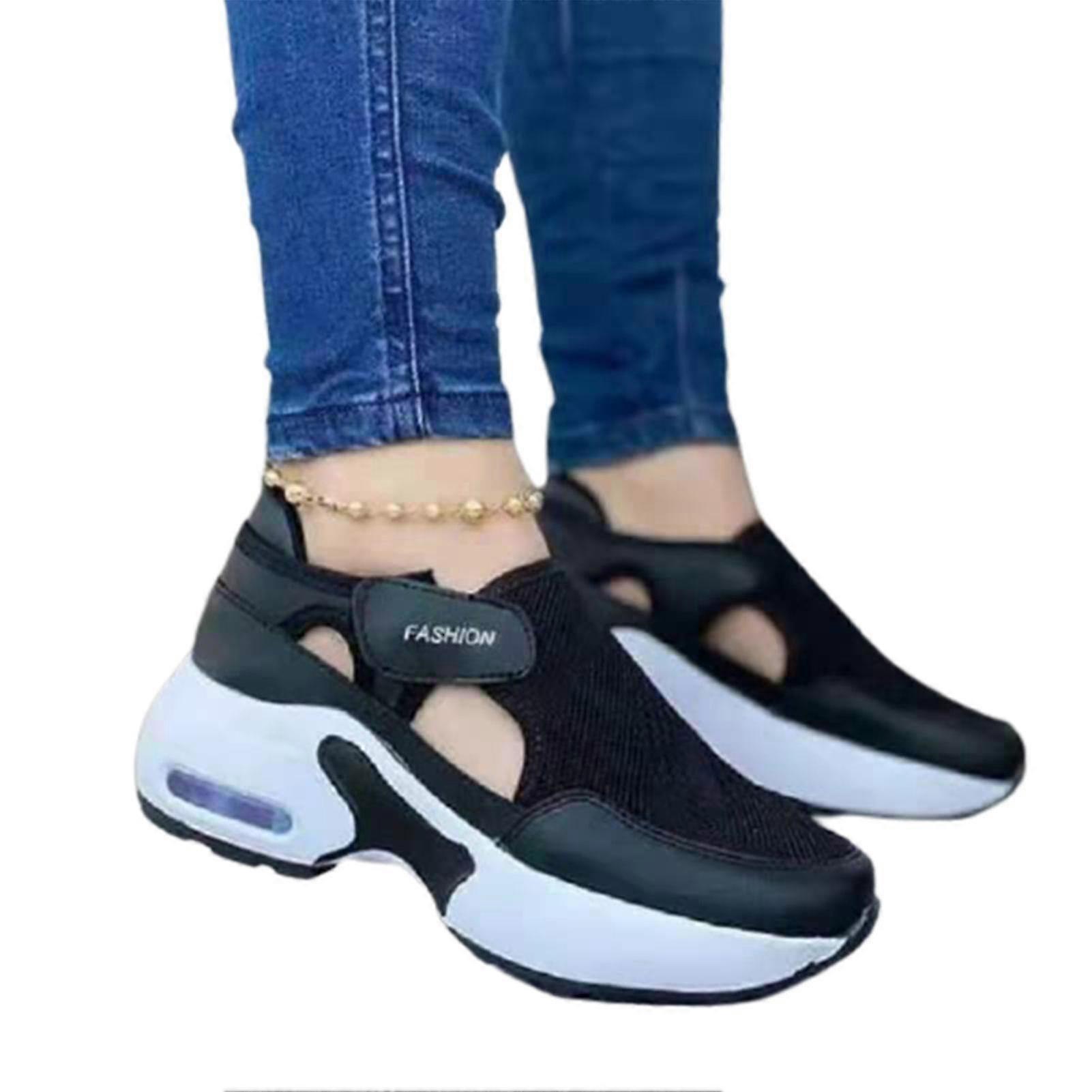 Kadın Ortopedik Hava Yastıklı Tek Uçan Dokuma Spor Ayakkabı Çift Yürüyüş için - Siyah 35 Metre