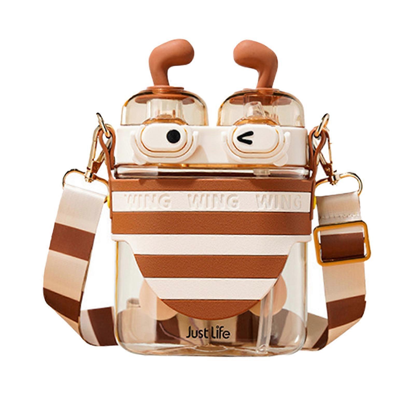 1 Set 570ml Straw Cup Large Capacity Easy to Clean Honeybee Shape Water Bottle with Shoulder Strap for Camping QingHai
