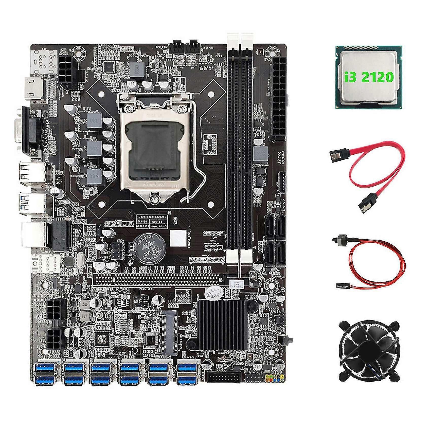 B75 ETH Miner Motherboard 12 PCIE zu USB3.0 + I3 2120 CPU + Lüfter + Switch-Kabel + SATA-Kabel DDR3 LG