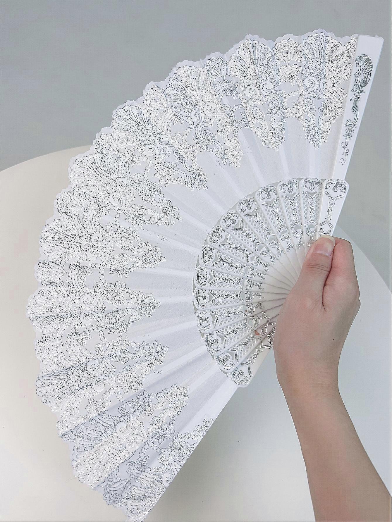 1pc מאוורר מתקפל לבן לנשים, מעוטר בהדפס פרחוני כסף, אידיאלי לריקודים ואופנה יום האהבה האלגנטי