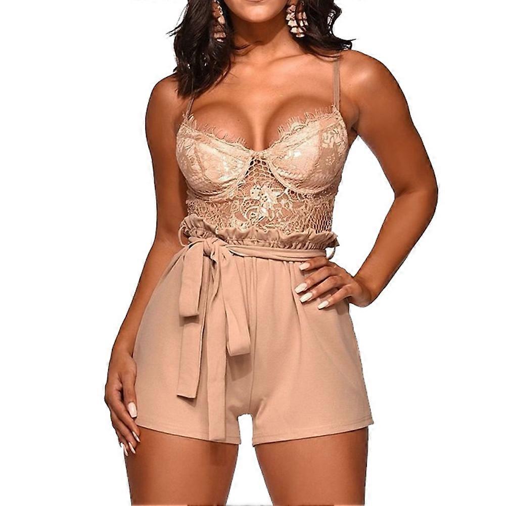 קיץ נשים סרבלים ללא שרוולים מכנסיים קצרים תחרה צבע אחיד תחבושת בגדים יום יומיים(משמשים)