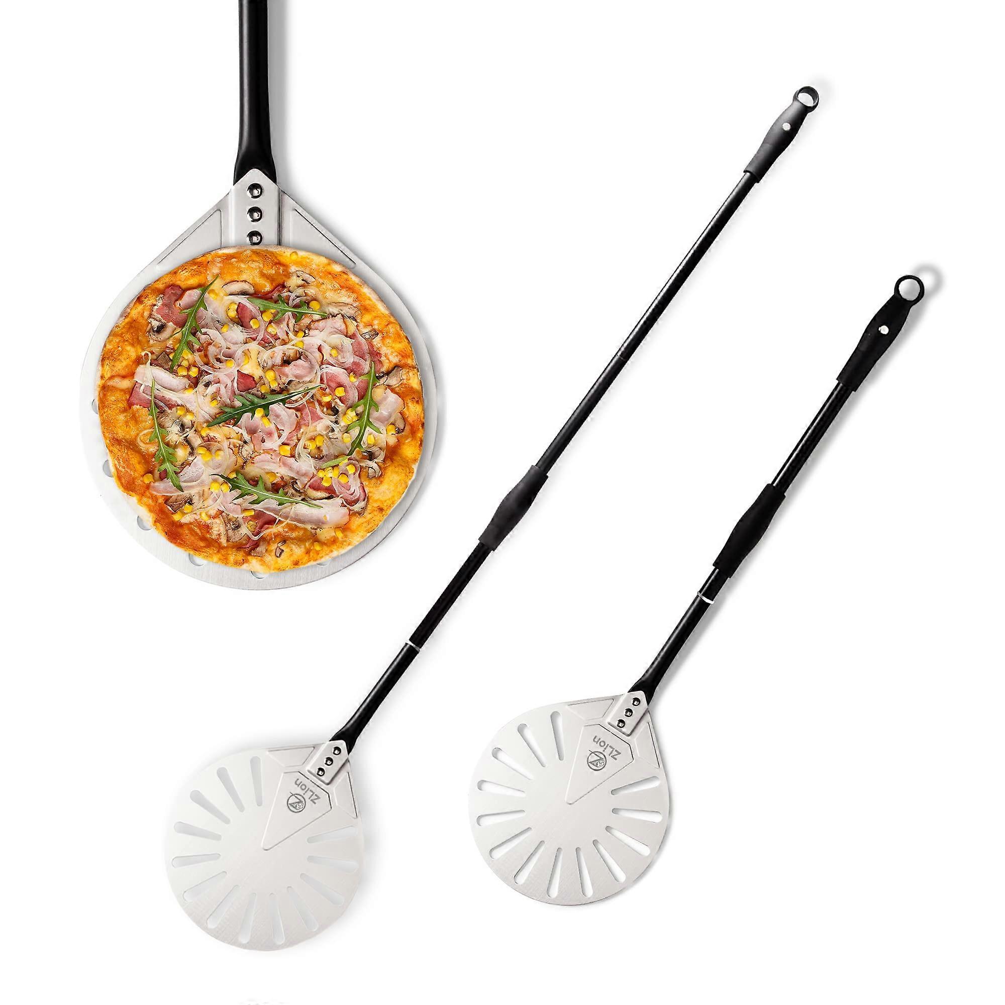9" Round Pizza Turning Peel with Perforated Aluminum Paddle, Adjustable 32"-47" Lightweight Handle, Rotating Spinner for Outdoor Ovens