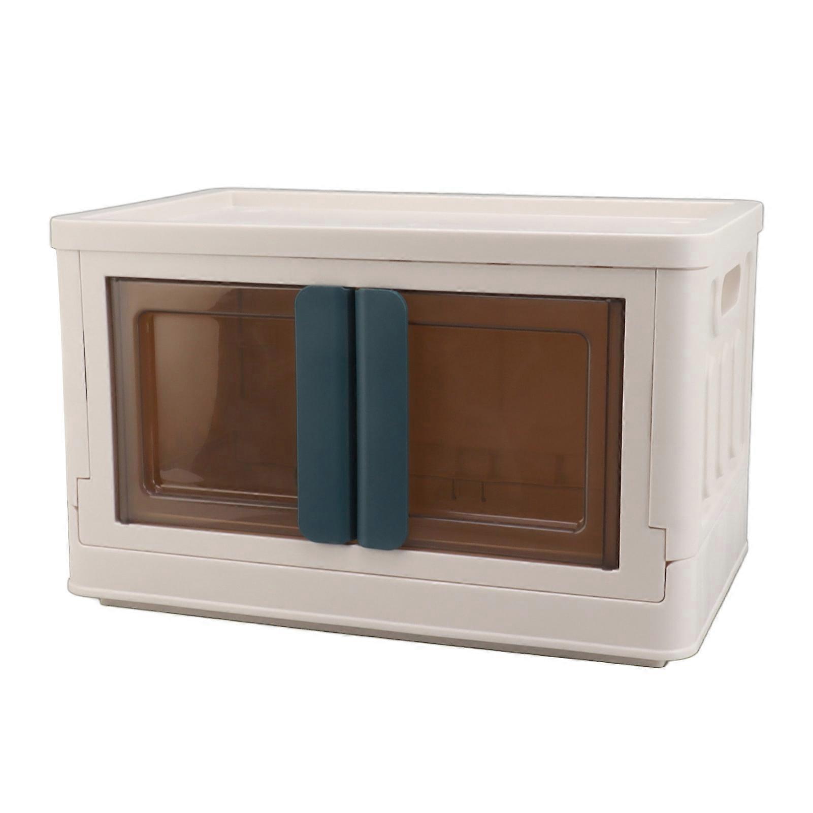 32L Stackable Collapsible Storage Bin White Plastic Storage Bin with Lid Open Front Door