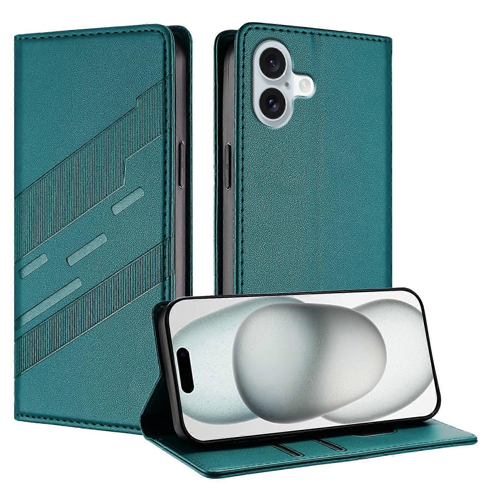 Case For Iphone 16 Plus,Soft PU Leather Folio Flip Kickstand Shockproof Phone Case-Dark Green