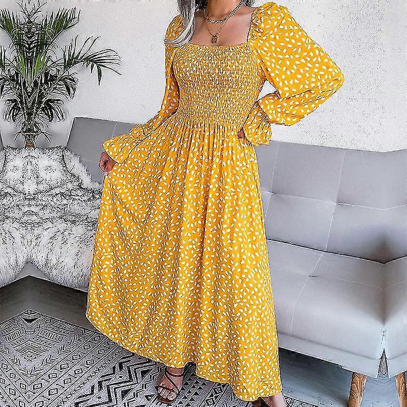 Fall Winter Square Neck Long Sleeve A Line Pleated Printed Long Dress S-XL