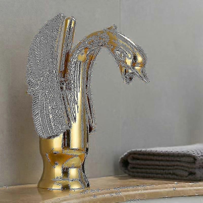 Tappekran, messingpolert gyllen svaneform vaskkran