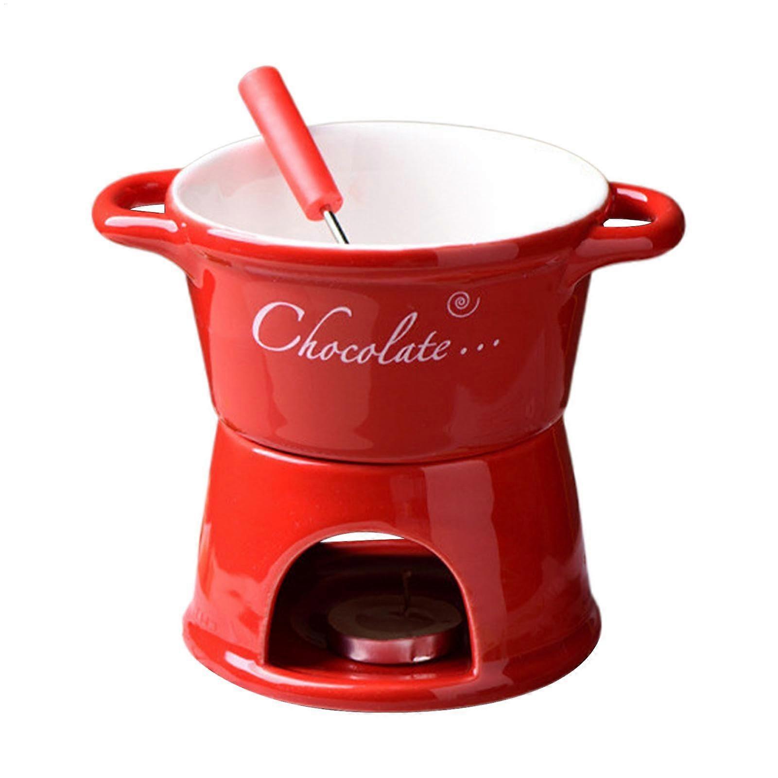 Fondue Cup for Chocolate, Red Ceramic Melting Pot for Cheese and Sweets, Kitchen Fondue Set with Fork, 10oz Capacity
