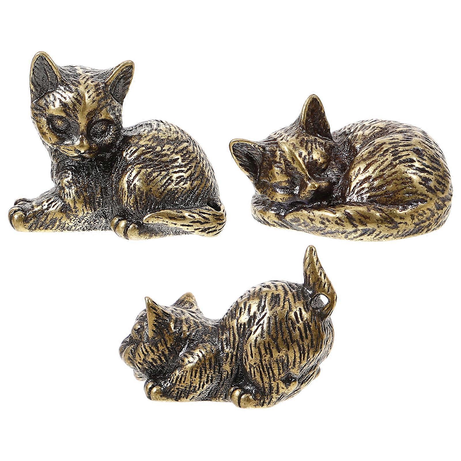 Miniature Brass Cat 3Pcs Golden Cat Ornaments with Stable Design for Decor