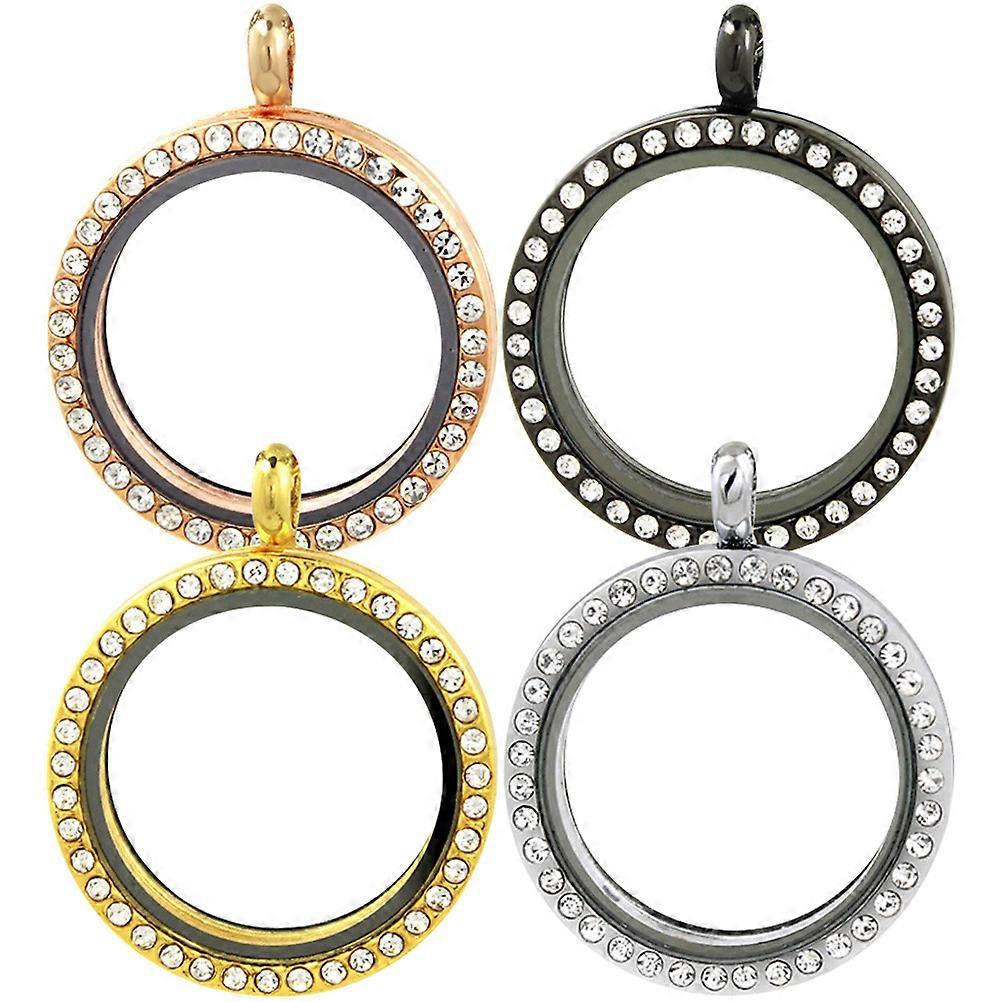 Photo Case Pendant Openable Round Alloy Photo Pendant Charms Rhinestone Decor Bezel Trays Assorted Color 3.70X3.00X0.70CM DIY Craft 4Pcs