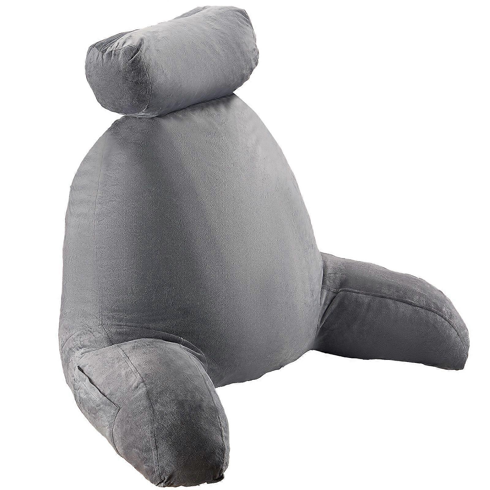 Reading Pillow, Large Bed Pillow with Removable Headrest, Back Pillow with 3 Pockets, Side with Handles for Reading, Gaming, Grey