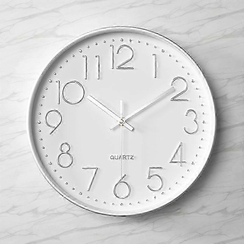 Wall Clock Silent Non Ticking Quality Quartz, Round Easy To ReadWhite-Silver SZRH A-SD