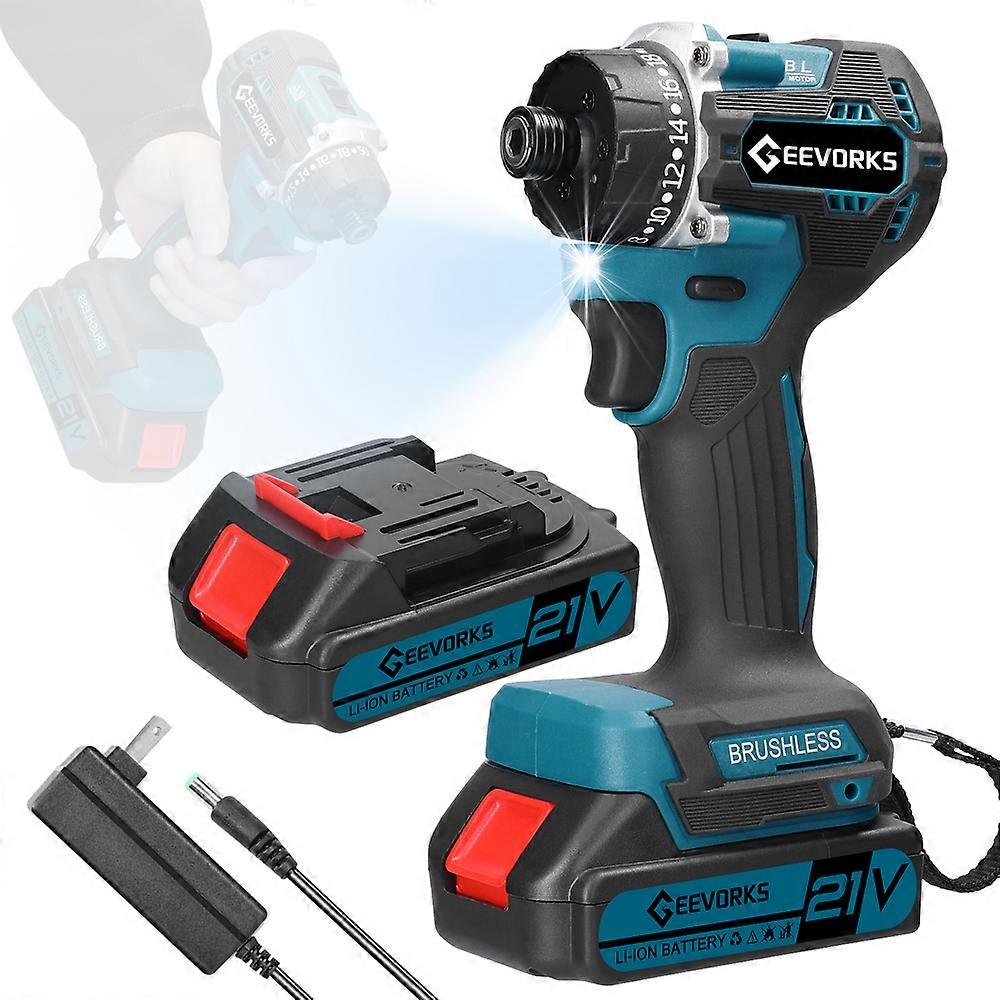 21V Cordless Electric Drill Brushless Motor with 2 Speed Control Modes Forward Reverse Rotation and 20 Torque Gears Adjustable LED Light