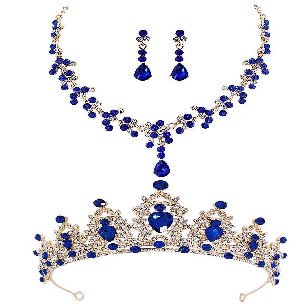 Blue Bridal Jewelry Set with Zinc Alloy and Rhinestone for Wedding Decor Elegant Necklace Earrings Tiara