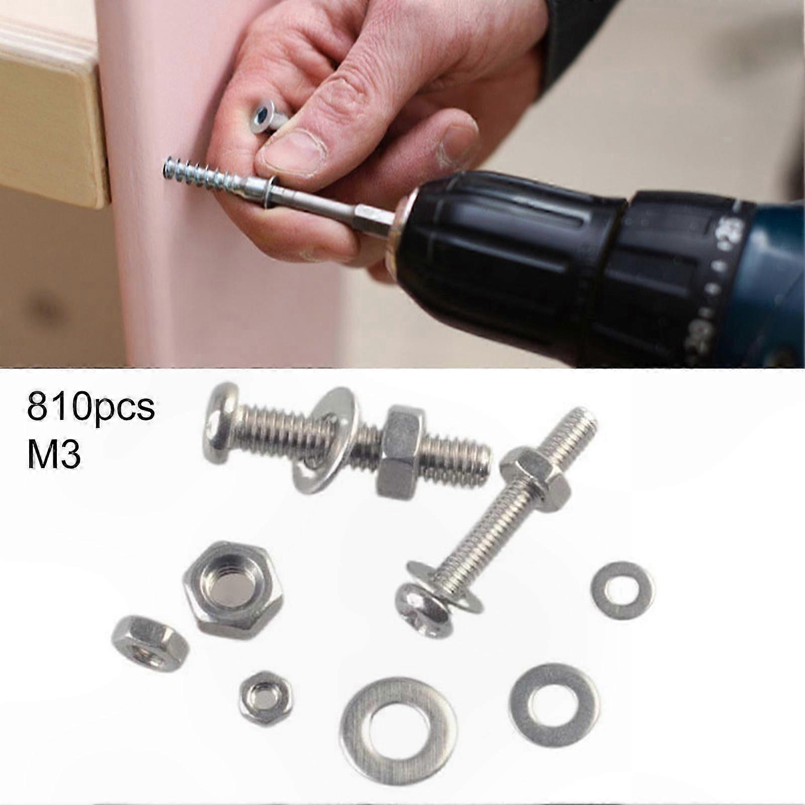810Pcs M3 Stainless Steel Screw Nut Gasket Kit Burr-Free Cross Design Assorted Fasteners for Maintenance Projects
