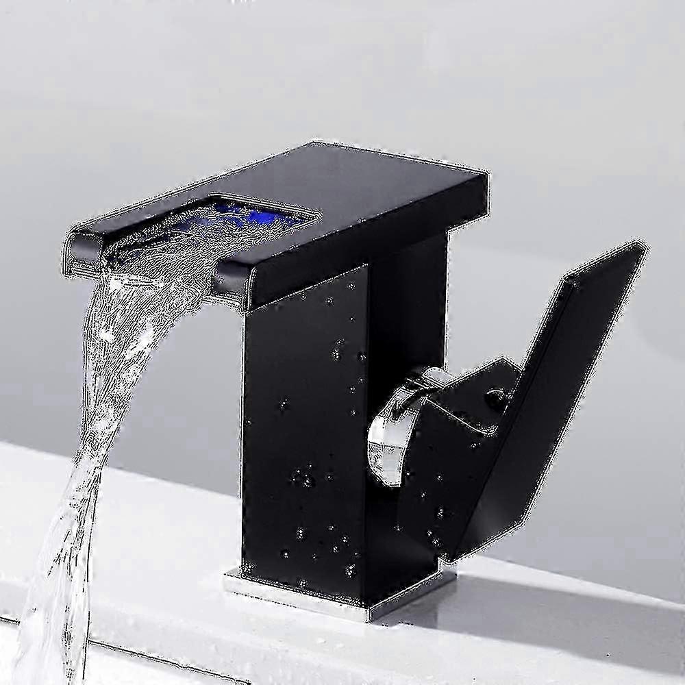 Waterfall style faucet for bathroom with LED lighting