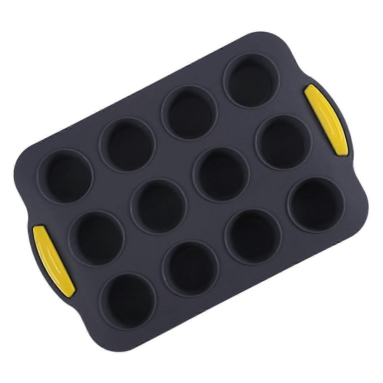 Muffin Baking Pan Food-Grade Silicone Non-Stick Muffin Mold for Home and Professional Use Deep Grey with Yellow Handles