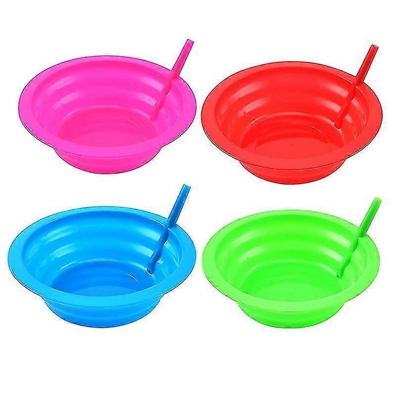 Set of 4 Kids Plastic Soup Cereal Bowl with Built-in Straw