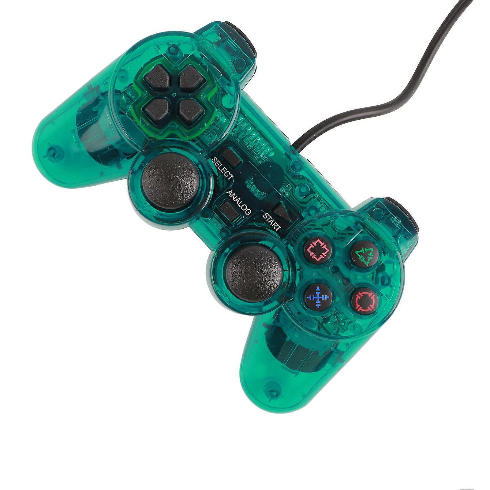 PS2 Wired Game Controller Green Dual Vibration Transparent Grip