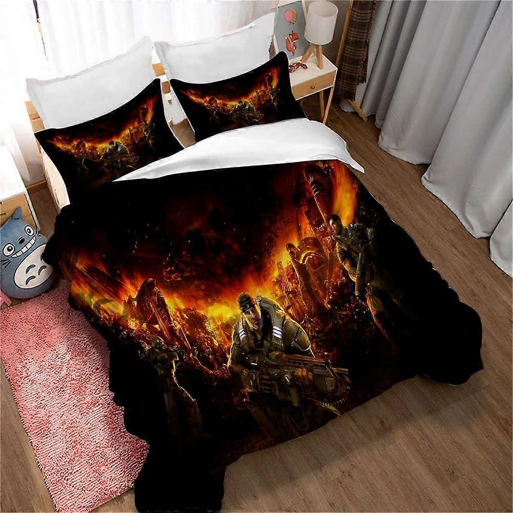 Ensemble de housse de couette réversible engrenages de guerre Literie Housses de couette Taies d’oreiller aspect lin Riche en coton Literie haut de gamme 140x200cm