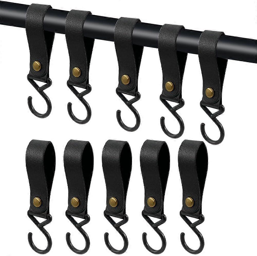 Leather S-Hooks with Leather Loop, 10 Pieces Camping S-Hooks, Black Wardrobe Bar Hook, Hanging Clothes Hook, Multifunctional Hook for Towel, Kitchen,