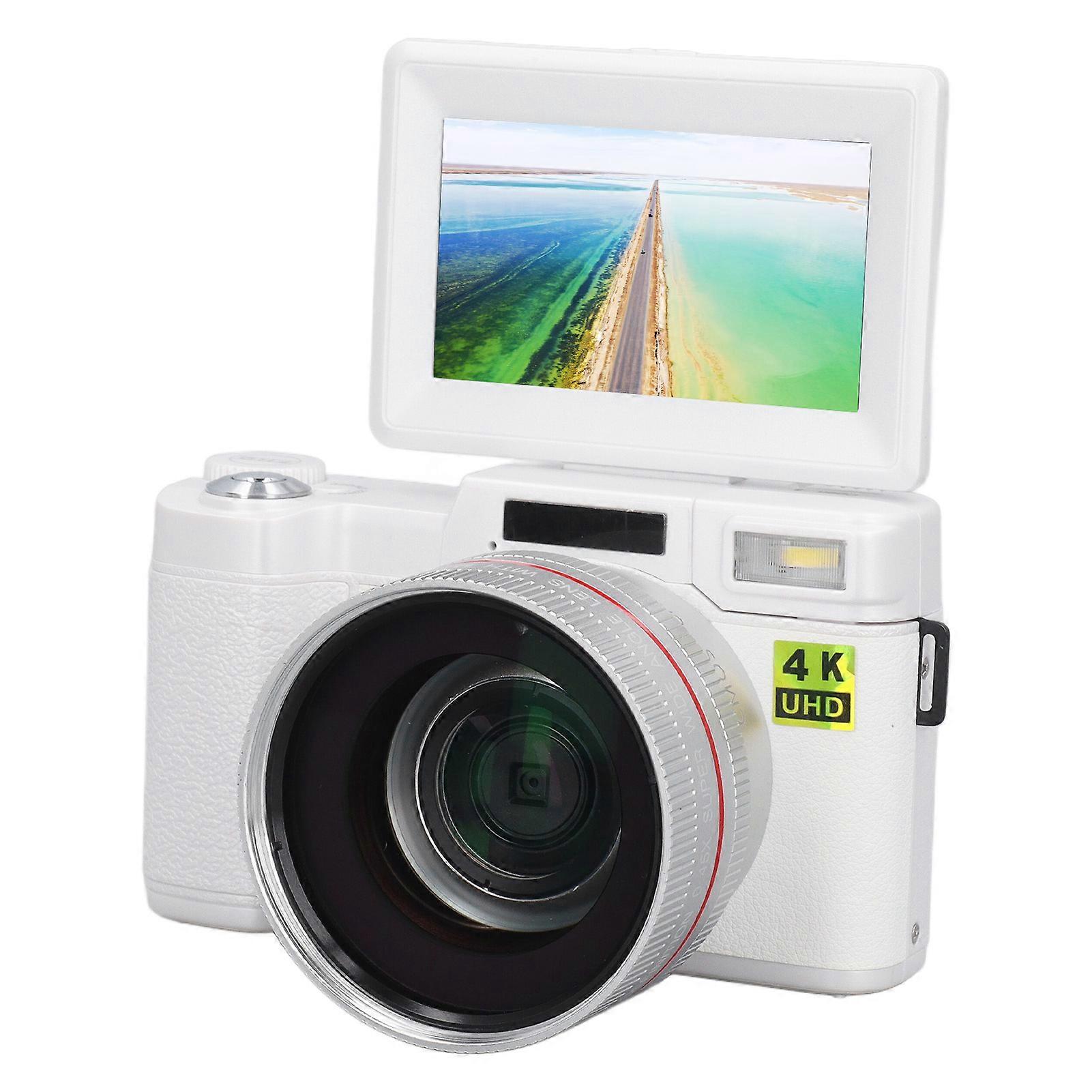 4K Digital Camera Face Detection Autofocus Anti Shake 48MP Vlogging Camera with 32G Card 3in 180 Degree Flip Screen 0.45X Wide Angle Macro Lens White