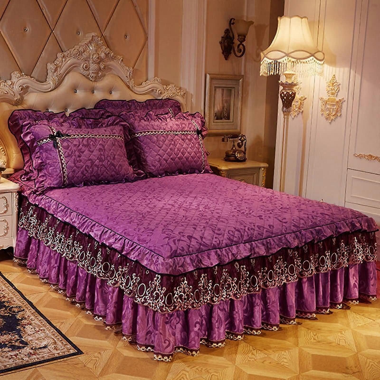 Thin Fitted Sheet With 2 Pillowcases, Velvet 3Piece Bedding Set, Leaf Pattern Embroidered Lace, Purple 200 X 220 Cm Box Spring Bed