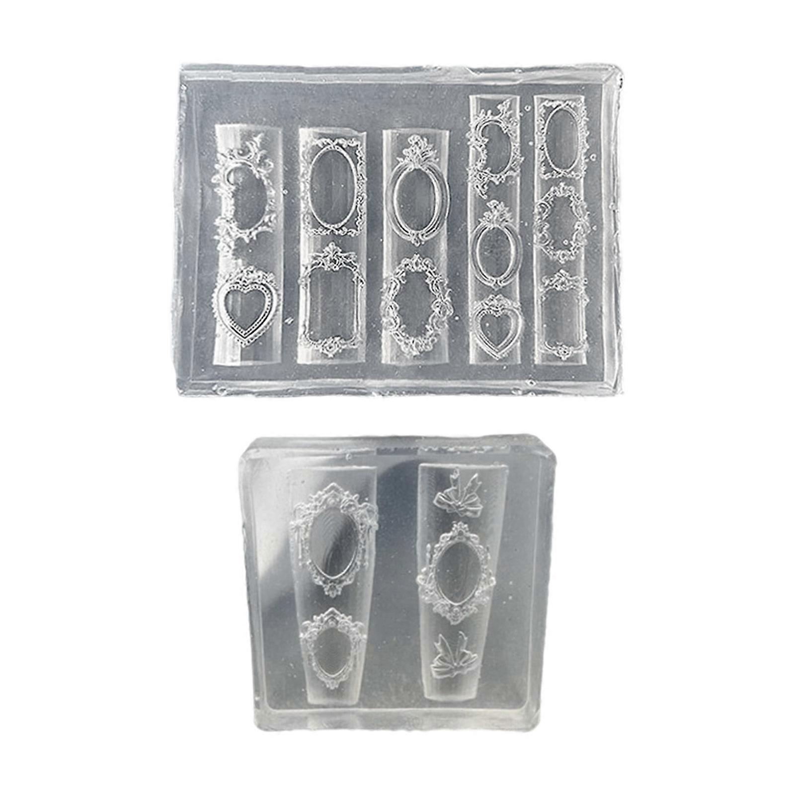 2Pcs Silicone Nail Art Molds With Detailed 3D Photo Frame Pattern For Handmade Nail Charm Accessories Multicolor