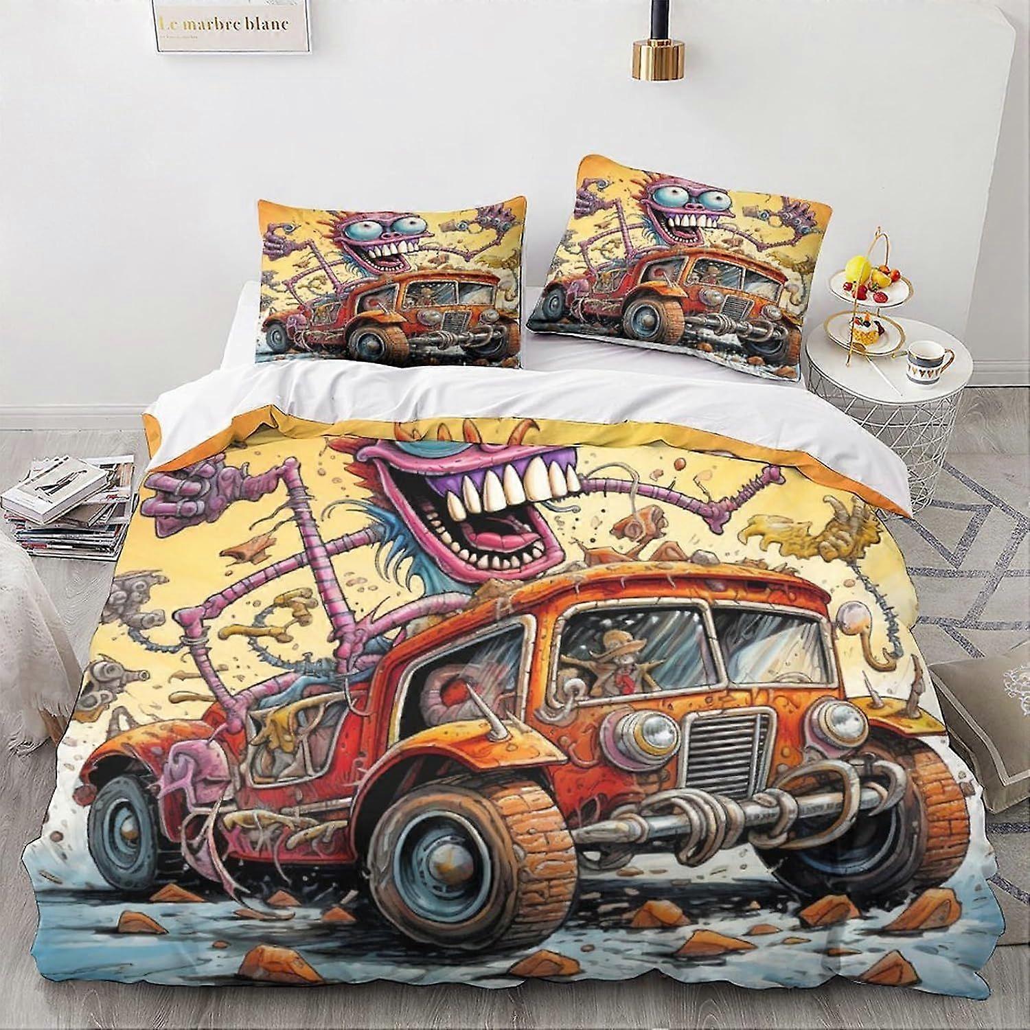 LikeEj Monster Duvet Capa 3D Vintage Car Impresso Colcha de Cama Capa Edredom dos desenhos animados com zíper Fechamento Soft Microfiber King